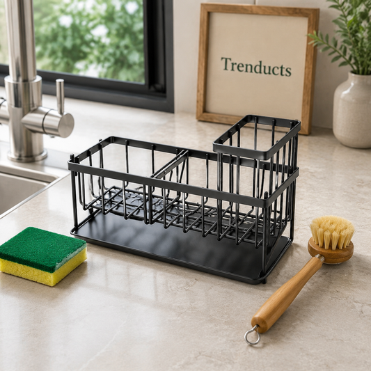 Metal Sink Sponge Holder with Drain Tray & Brush Compartment