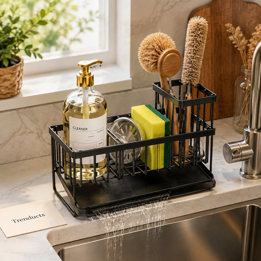 Metal Sink Sponge Holder with Drain Tray & Brush Compartment